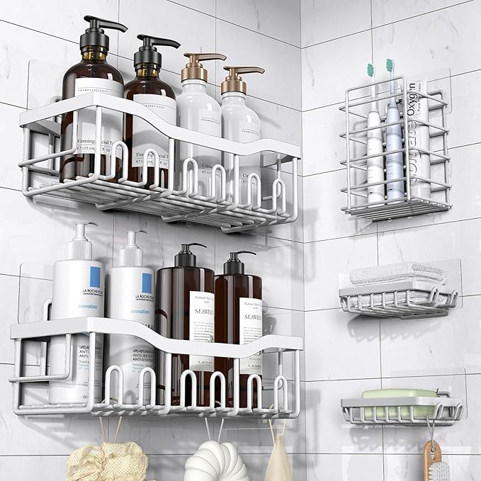 EUDELE 5-Pack Rustproof Stainless Steel Shower Caddy Set– No Drill Adhesive Bathroom Organizer, Space-Saving Shower Shelves for Apartment Essentials, Bathroom/Kitchen Storage Home Decor-L Size by EUDELE