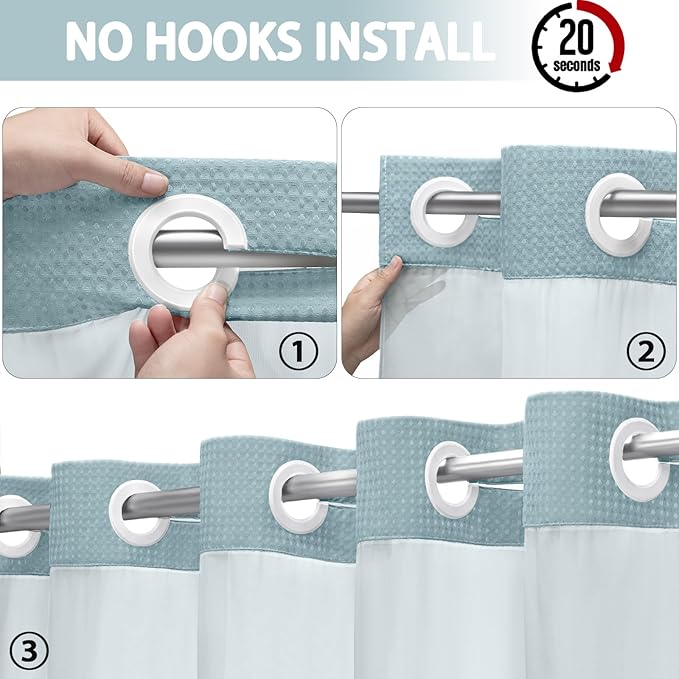 No Hook Shower Curtain and Liner Set,Cyan Hotel Waffle Shower Curtain with Liner 75" L x 72" W - Image 2
