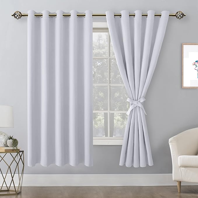 Hiasan Blackout Curtains for Bedroom, 60 x 63 Inches Length - Thermal Insulated & Energy Saving Window Curtains for Living Room, 2 Drape Panels Sewn with Tiebacks, Greyish White - Image 2