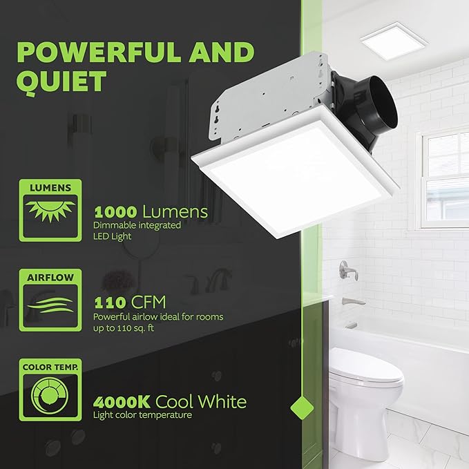 Homewerks 7141-110-G4 Bathroom Fan Integrated LED Light Ceiling Mount Exhaust Ventilation Whisper Quiet 2.0 Sones 110 CFM, White - Image 3