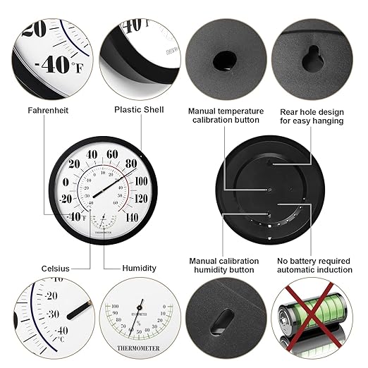 Indoor Outdoor Thermometer Wall Large Numbers Thermometer No Battery 10" Hanging Digital Weather Hygrometers for Home Garden Outside Patio Decor (Black) - Image 2