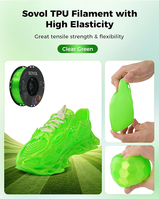 Sovol TPU Filament 1.75mm, 95A Soft TPU Flexible 3D Printer Filament with High Elasticity, 1kg (2.2lbs), Dimensional Accuracy +/- 0.03 mm, Fit Most FDM Printer, Clear Green - Image 2