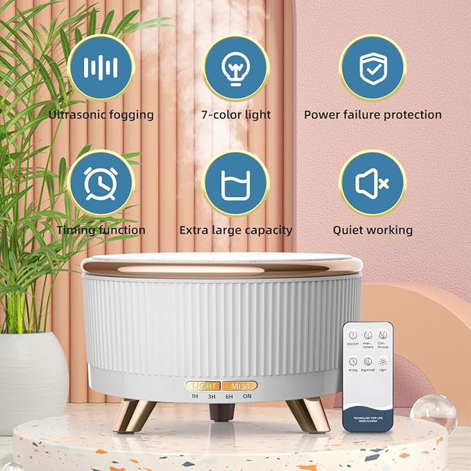 500ML Large Capacity Essential Oil Diffuser, Ultrasonic Aromatherapy Diffuser with 7 Color LED Lights with Remote Control, Cool Mist Humidifier, Timed Mist, Auto Shut-Off (White) - Image 3