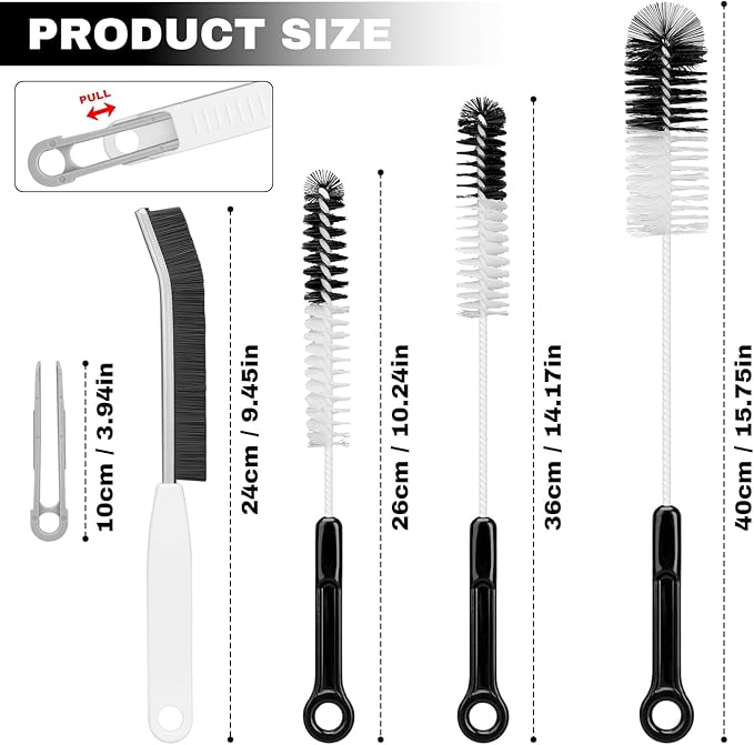 4 Pack Bottle Cleaning Brush Set with Built-in Tweezer – Flexible Long Handle Brushes (15.75"/14.17"/10.24") + 3.94" Hard Bristle Gap Brush for Narrow Bottles, Cups, Tubes, and Lids - Image 2