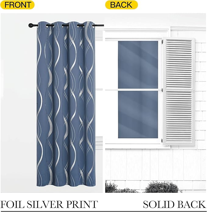 NICETOWN Stone Blue Blackout Curtains 54 inch Long Small Panels, 42 Inch Wide, Window Treatment Thermal Insulated Wave Line Foil Print Design Drapes for Kitchen, Cafe, Loft, Set of 2 - Image 6