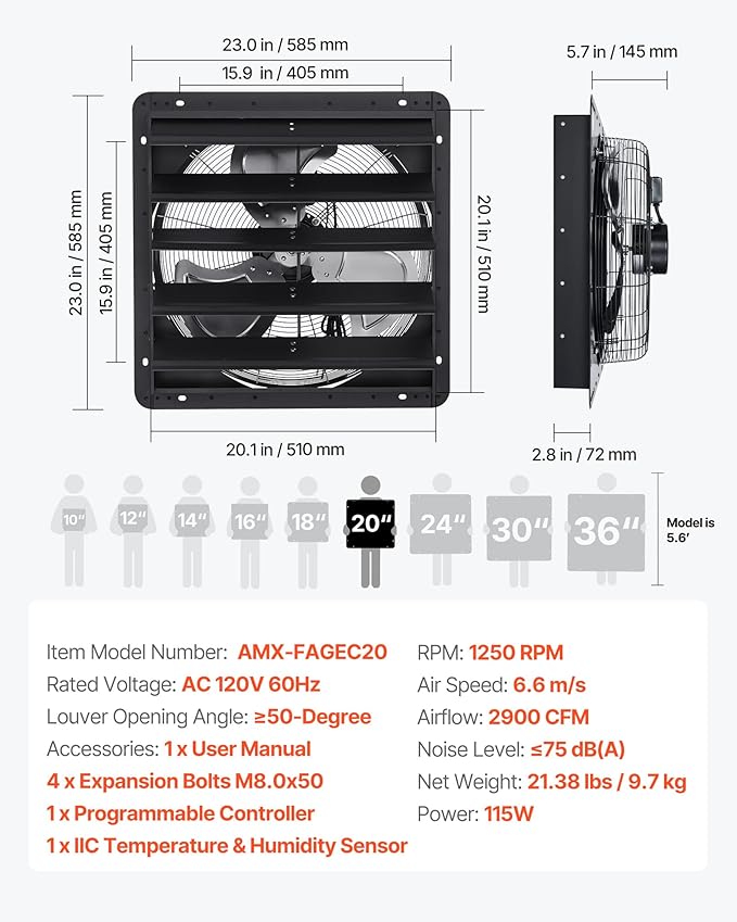 VEVOR 20 inch Exhaust Fan, Wall Mounted Attic Fan with Variable Speed, Temperature & Humidity Controller, 2900 CFM, Automatic Shutter - Image 7