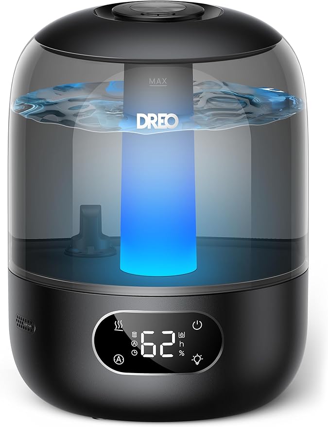 DREO Humidifiers for Bedroom, 3L Top Fill 30H & 26dB Quiet Runtime for Large Room, Cool Mist Ultrasonic Humidifier with Humidity Sensor, Night Light for Home, Baby, Nursery, Plants, 360° Nozzle, Black by DREO