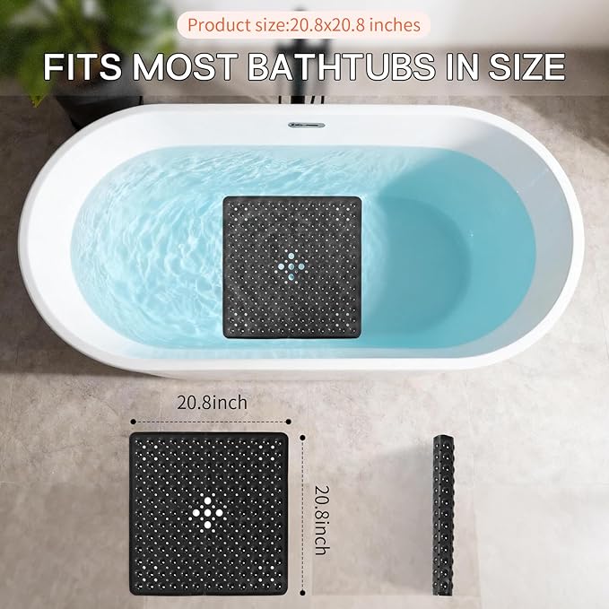 Anti-Slip Bathtub Shower mat, 20.8×20.8（Approximately 53×53cm） inch Soft Oversized Machine Washable Non-Slip Bathtub mat with Drainage Holes, Bathroom Floor Suction Cup.（1-Opaque Black） - Image 3