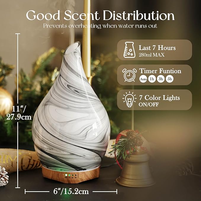 Porseme 280ml Essential Oil Diffuser Glass Color Changing Aroma Air Diffusers Aromatherapy Ultrasonic Cool Mist Humidifier 7 Running Hours Waterless Auto-Off for Sleeping, Yoga, Office, Spa (Ink) - Image 3