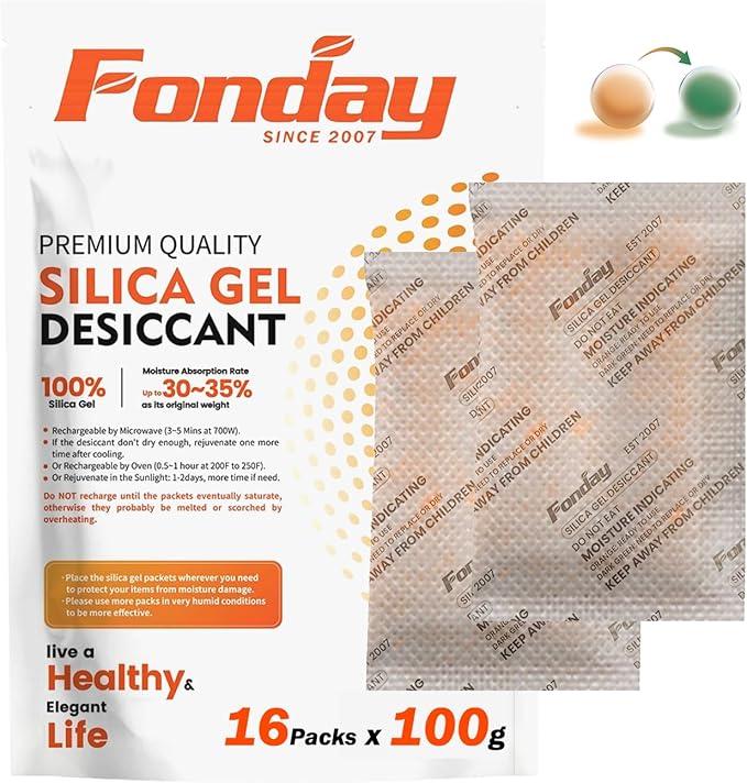 16Packs x 100Gram Fonday Rechargeable Silica Gel Desiccant Packets Food Grade Fast Reactivate Desiccant Bags Moisture Indicating Orange to Green for Food Storage, Electronics, 3D Filament & Safes by Fonday