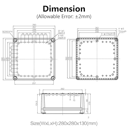 LeMotech Waterproof Dustproof IP67 Junction Box DIY Case Enclosure Gray 11 x 11 x 5.1 inch (280 x 280 x 130 mm) - Image 6