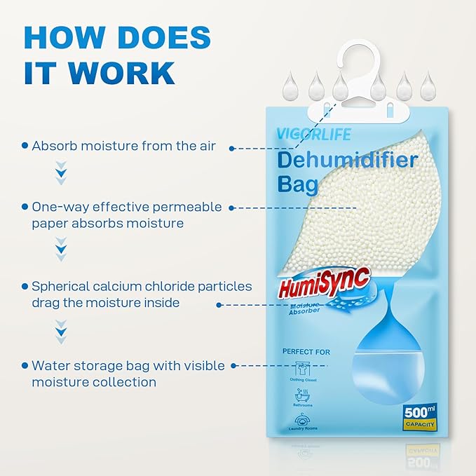 Moisture Absorbers, Hanging Closet Dehumidifier Bags 9.8 OZ, Portable Dehumidifiers for Wardrobes, Bathrooms & Bedrooms, Humidity Packs Attract Excess Moisture, Desiccant 5 Pack (Blue) - Image 7
