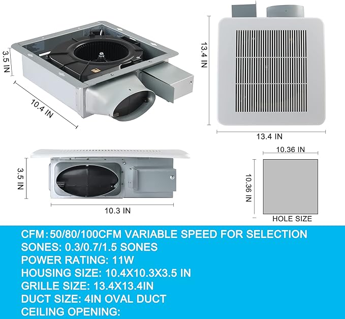 Tech Drive Bathroom fan 50-80-100 CFM DC Energy-Saving Motor,Very Quiet Ventilation and Exhaust Fan, Ceiling or Wall Mounted Fan, CFM Adjustable,White - Image 3