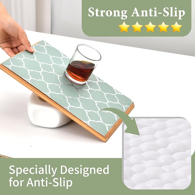 Shelf Liners for Kitchen Cabinets Non Adhesive Drawer Liner 12in x 20FT Light Green Quatrefoil Thickened Shelf Liner Strong Non-Slip Easy to Clean for Tool Box Refrigerator with Knife and Tape Measure - Image 2