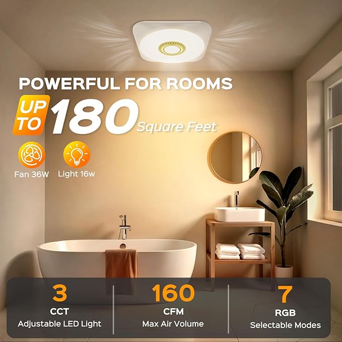 Bathroom Exhaust Fan with Light, 36W Quiet Vent Fan - 160 CFM & 1.0 Sone, 1500lm LED Light (3000K/4000K/5000K) - 5 Brightness Adjustable, 7 RGB Modes & Nightlight, Remote Control, Easy to Install - Image 2