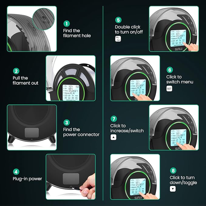 SUNLU Official Filament Dryer S2, Built-in Circulation Fan, 70℃ Max Temperature, 3D Printer Filament Dehydrator and Storage Box fo Nylon TPU PLA PETG ABS Filament 1.75/2.85/3.00mm, S2 Black - Image 8