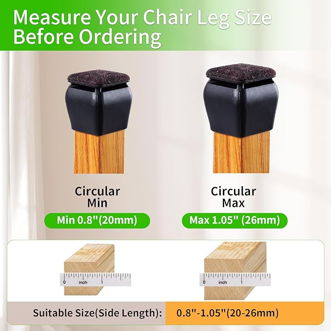 16PCS Small Chair Leg Floor Protectors, 3/4 inch Chair Leg Caps Covers Silicone Chair Feet Protectors for Wood Floors, Square Felt Pads Furniture Sliders for Hardwood Floors(Black,Fit 0.8"-1.05") - Image 4