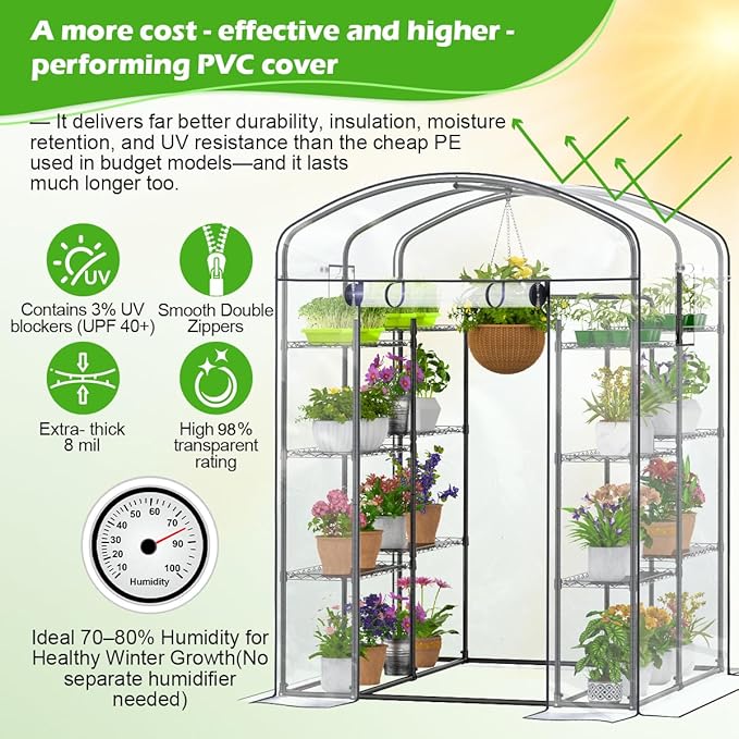 Abimars Walk-in Greenhouse with Height-Adjustable Shelves, Heavy Duty Green House for Outdoors/Indoors, Heavy-Duty Steel Frame & Thickened PVC Cover, 82"x57"x55.5", Black - Image 6