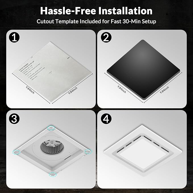 TEPU Bathroom Exhaust Fan with Light 144 CFM, 11.8In Grille, Cutout Size 9.8" x 9.8", Duct 4 Inch, 1.0 Sone Quiet Bath Ceiling Vent Fan Combo with 6500K 1200LM LED Light, for Bathroom, Laundry, Shower - Image 5