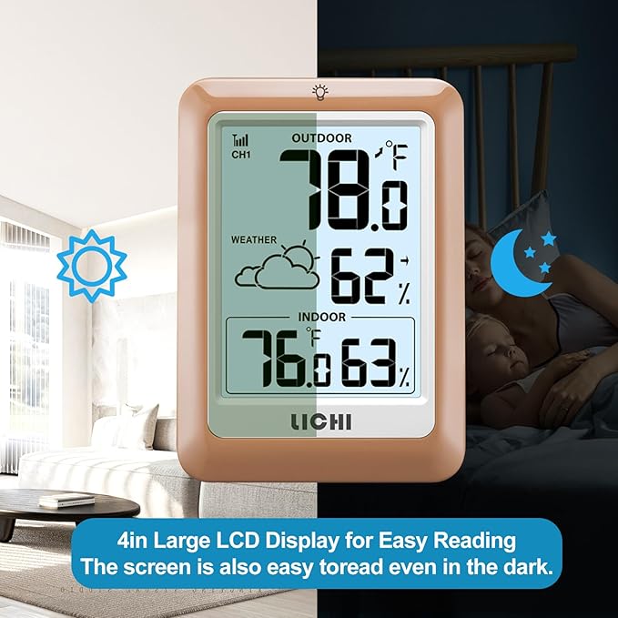 Indoor Outdoor Thermometer Wireless Weather Station, Internal External Thermometer Hygrometer, Home Batteryoperated Temperature Humiditymonitors330 Feet (About 100 Meters) Backlight Display (Khaki) - Image 7