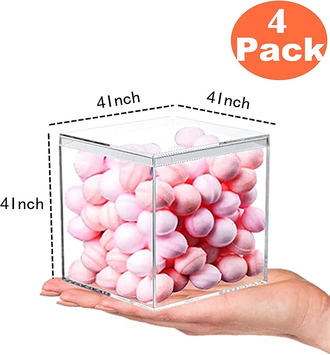 Acrylic Box with Lid 4 Pieces Clear Display Box Plastic Square Cube Wedding Candy Box for Jewelry Collectibles, Minerals,Figurines Storage Containers Decorative Boxes 4x4x4Inch - Image 2