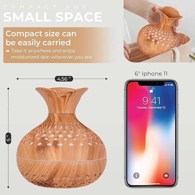 Portable Mini Humidifier, 300ml Wood Grain Vase Small Humidifiers, Quiet Cool Mist Plant Humidification for Bedroom Car, USB Personal Desktop Diffuser for Office - Image 3