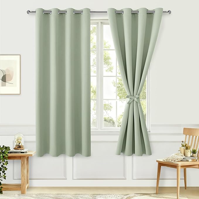 Hiasan Blackout Curtains for Bedroom, 52 x 63 Inches Length - Thermal Insulated & Light Blocking Window Curtains for Living Room/Kids Room, 2 Drape Panels Sewn with Tiebacks, Seafoam Green - Image 2