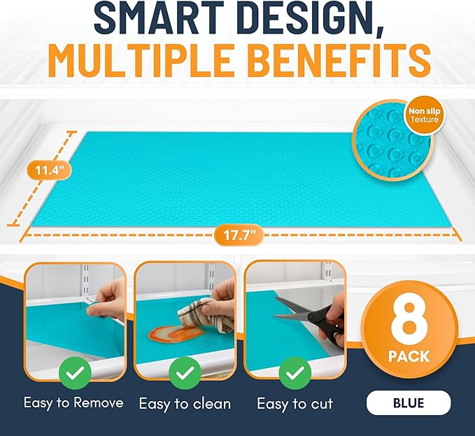 Refrigerator Liners for Shelves (8 Pack) by Linda’s Essentials - Non-Adhesive Shelf or Drawer Liner, BPA-Free Fridge Mats for Kitchen & Cabinets, Easy to Clean, Ideal Household Essentials (Blue) - Image 2