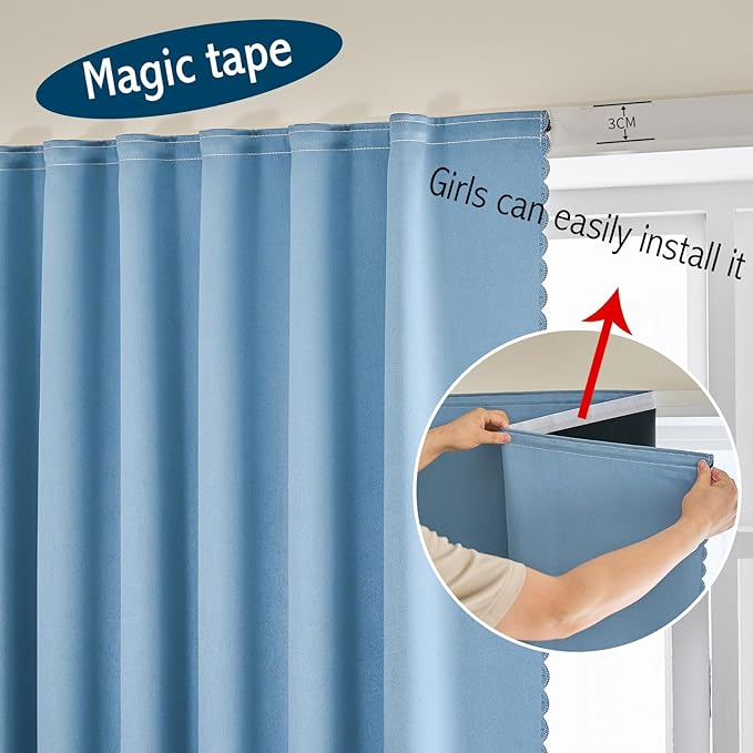 Magic Tape Stick on Portable Curtains for Windows,Bedroom Blackout Curtains for - Thermal Lnsulated No Drill Curtains Room Darkening Black Small Drapes(1 Panels,47Wx63L inch-Sky Blue) - Image 8