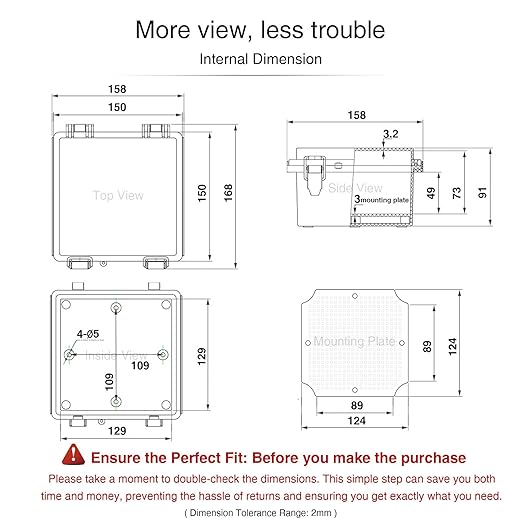 QILIPSU Waterproof Junction Box IP67 Outdoor Plastic Electrical Project Enclosure Weatherproof with Mounting Plate, Wall Brackets, Hinged Grey Cover 5.9"x5.9"x3.5" - Image 6