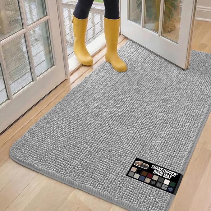 GORILLA GRIP SOAKSTOPPER Dog Door Mat, 60x36 Machine Washable Rug Absorbent Doormat Captures Moisture Mud Dirt, Quick Dry Soft Chenille Entryway Rugs Indoor Entrance Mats for Dog Paws, Light Gray by GorillaGrip