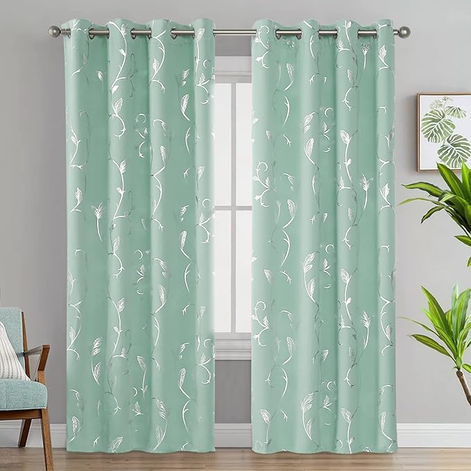 BUHUA Blackout Curtains 96 Inches Long, Vine Foil Print Pattern Room Darkening Curtain, Living Room Curtains & Drapes, Thermal Insulated Window Panel Set, 52 x 96 Inch, Aqua - Image 2