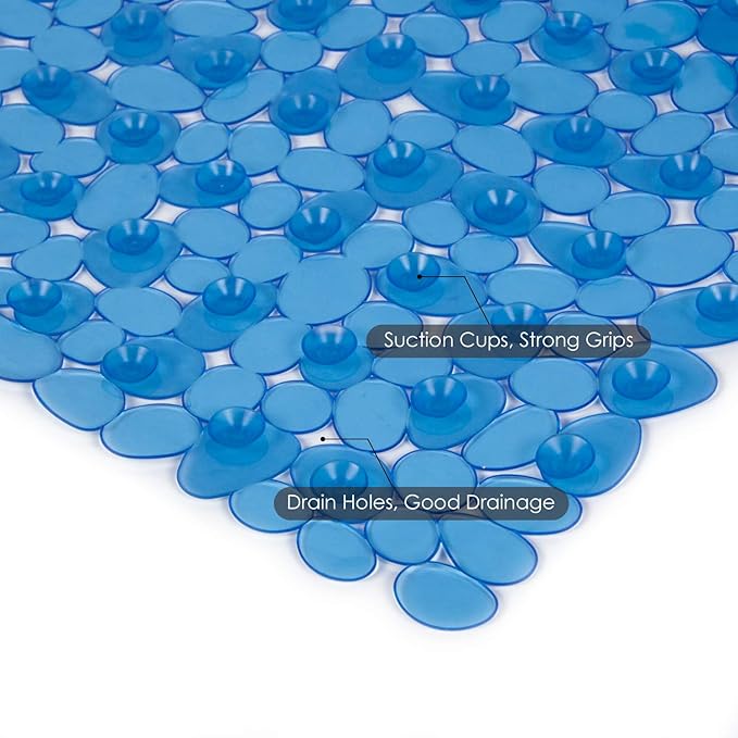WELTRXE Non Slip Bathtub Mat, 35 x 16 Inches Bathroom Pebbles Shower Mat with Suction Cups, Drain Holes, Suction Bath Mats for Tub Machine Washable - Clear Blue - Image 4
