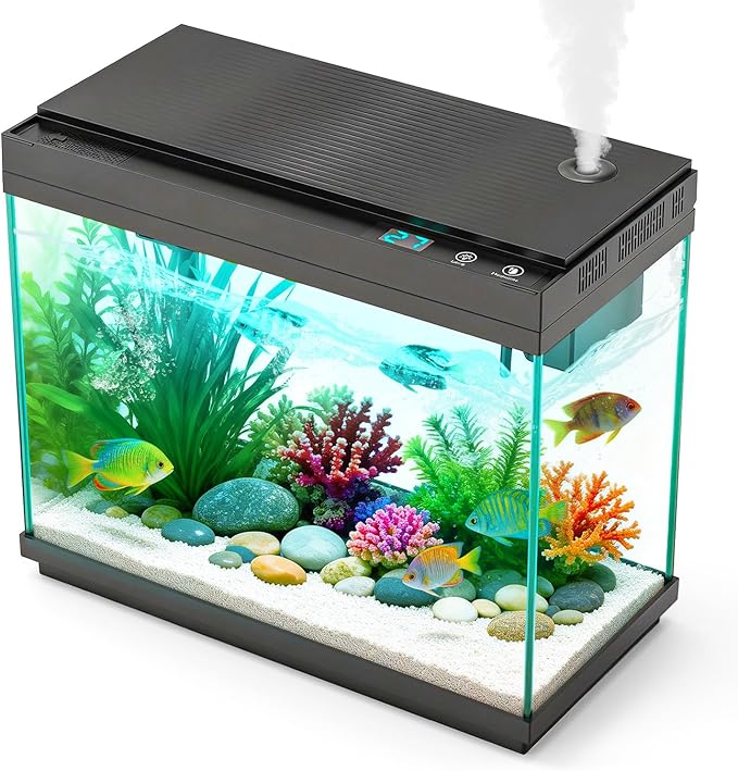 Smart Aquarium Fish Tank with Silent Water Pump, 2.4 Gallon Small Aquarium with Quick Start Kit, Temperature Display, Humidifier and RGB Lights, Perfect for Home, Office, and Decor, Black by Rechale