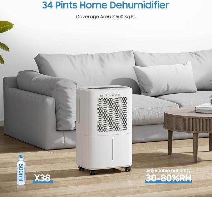 2500 Sq.Ft Dehumidifiers for Home Basement with Drain Hose, 34 Pints Large Room Dehumidifier Portable with Smart Humidity Control, 3 Opeartion Modes for RV, Bathroom, Bedroom - Image 3