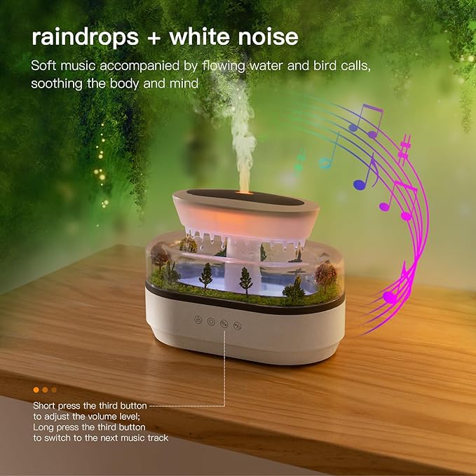Essential Oil Diffuser 250ML Cloud Humidifier Rain Water Drip Diffuser Humidifier with Drip Music Micro Landscape Ultrasonic Diffuser for Bedroom Office Hotel (White Grey) - Image 5