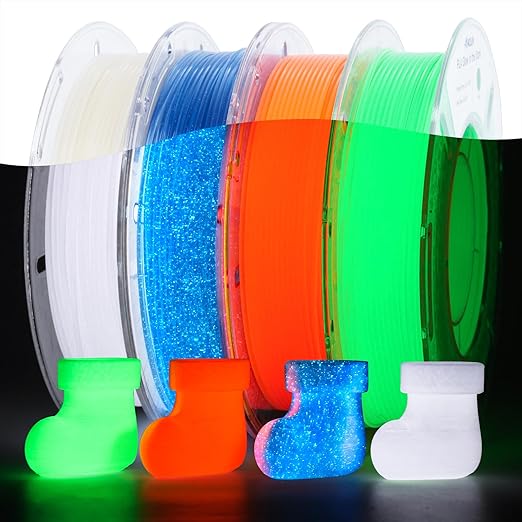 AMOLEN Glow in The Dark 3D Printer PLA Filament Christmas Bundle, Glow Filament Shiny Firefly Blue, Orange, Green and White, 1.75mm PLA Filament, Dimensional Accuracy +/- 0.02 mm, 200g X 4 Pack by AMOLEN