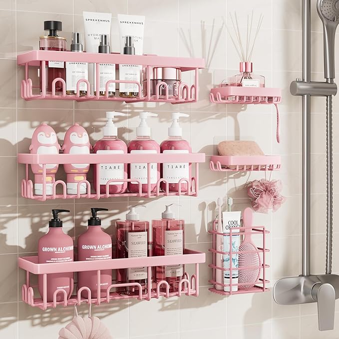 Veken Large Capacity Shower Caddy 6-Pack, No Drilling & Rustproof, Adhesive Shower Shelves with Soap Holder, Bathroom Organizers and Storage, Wall-Mounted Kitchen & Home Decor, Pink by Veken