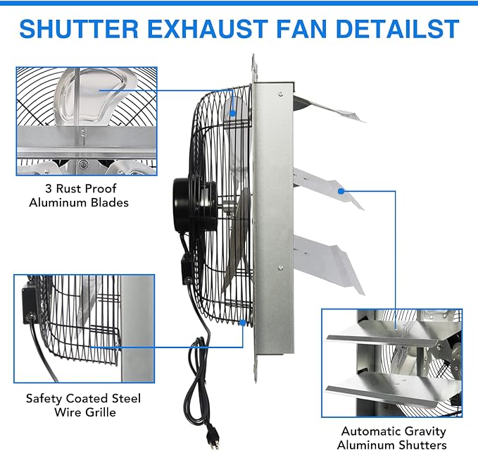 KEN BROWN 14 Inch Shutter Exhaust Fan, Gable Vent Fan, Wall Mount Ventilation, High Speed 1950 CFM, Automatic Aluminum Blades, for Garages, Shop, Greenhouse, Attic, with Power Cord - Image 7