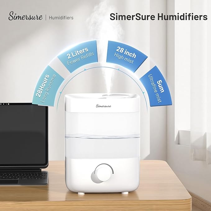 Top Fill Humidifier, 2L Water Tank for Bedroom, 28H Long Lasting New White Air Humidifier for Large Room, Ultra Quiet 25dB Cool Mist for Baby, Plants, Office, Easy to Clean & Fill - Image 2