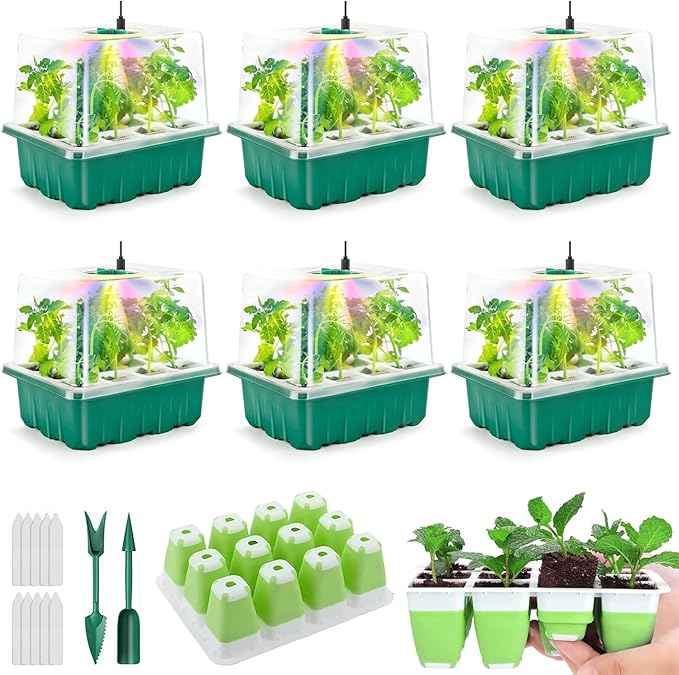 Seed Starter Tray with Grow Light, 72 Cells Indoor Seed Starter Kit, Flexible Silicone Seedling Starter Trays, Germination Tray Kit with Humidity Dome & Lids(4in Height), Reusable & Dishwasher Safe by Ryscam