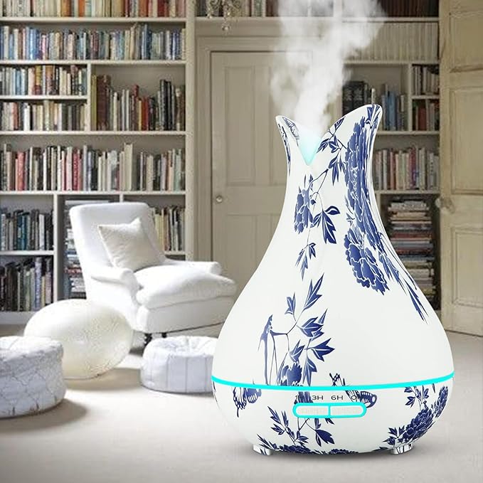Oriental Blue-and-White Floral Pattern Grain Aroma Diffuser (400 ml) Ultrasonic Cool Mist Humidifier, U-MATE, Essential Oils Aromatherapy, 7 Colors LED Light, for Office Home Study Yoga Spa - Image 4