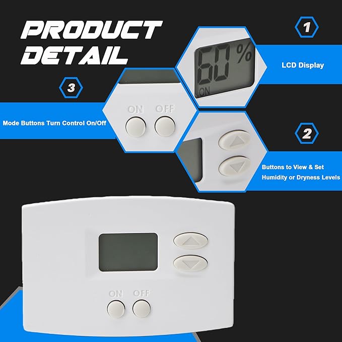 76 Digital Wall Mount Dehumidifier Control Compatible with 1800 Series & E-Series Easy Install Wall Humidity Controller Wall Mounted Digital Control for Whole Home Dehumidifiers 24VAC White Model76 - Image 4