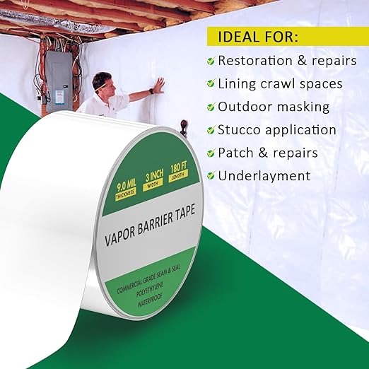 Vapor Barrier Tape, 4" x 180’ PE 9 Mil White Polyethylene Tape, Moisture Barrier Seal and Seam, Insulation Tape Waterproofing & Great for Crawl Spaces Vapor Barrier, Marine Use (1) - Image 3