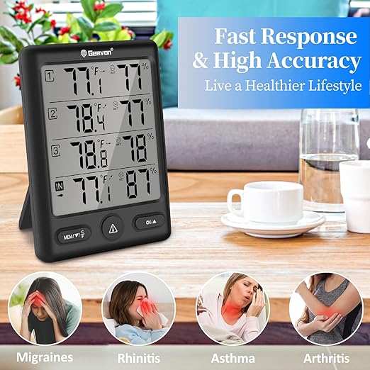 Geevon Indoor Outdoor Thermometer Wireless with 3 Remote Sensors, Digital Hygrometer Thermometer, Wireless Temperature Humidity Monitor Gauge with 200FT/60M Range (Black) - Image 4