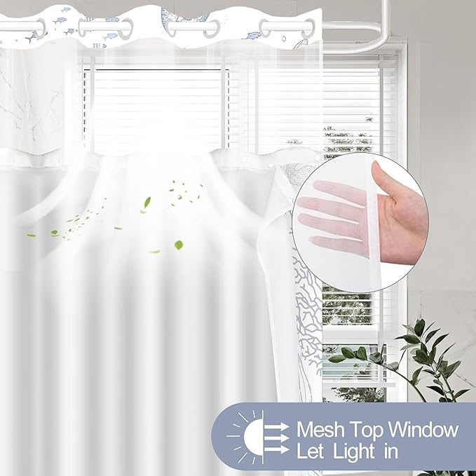Extra Long No Hook Shower Curtain with Snap in Liner, Beach Ocean Nautical Coastal Shower Curtains and Liner Set for Bathroom, Seashell Fabric Bath Curtain, Waterproof Washable, Grey 71"x84" - Image 4