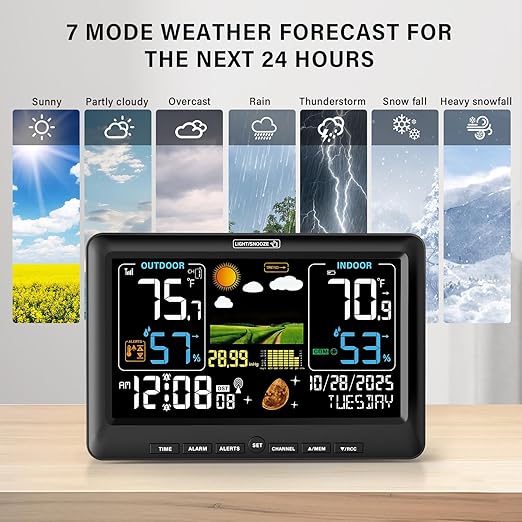 BluSon Weather Station Wireless Indoor Outdoor Thermometer, Color Display Digital Temperature Humidity Monitor with Atomic Clock, Weather Forecast, Adjustable Backlight, Home Weather Statio, Black - Image 2
