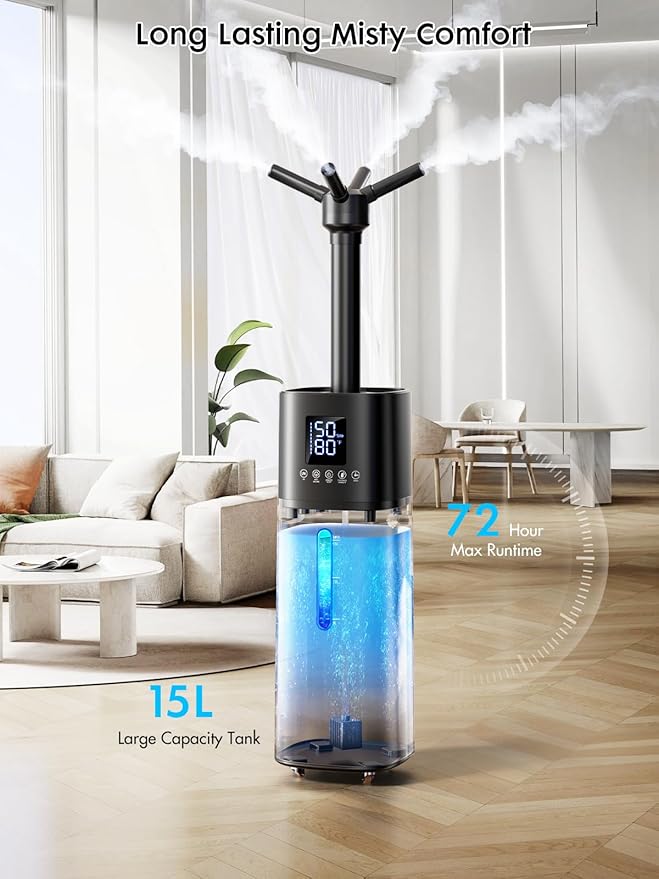 15L/4Gal Humidifier Large Room, 600mL/h Misting, 1200ft² Coverage, Auto Humidity Control, 72H Runtime, Top Fill, Aroma Diffuser, Sleep Mode, 12H Timer, Auto Shutoff Protection - Image 3