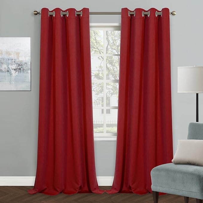 MYSKY HOME Red Curtains Bedroom Curtains 84 Inch Long Blackout Curtains for Living Room Dark Grommet Window Curtains Privacy Protect Room Darkening Single Panel Curtains, 52 x 84 Inch, Red by MYSKYHOME