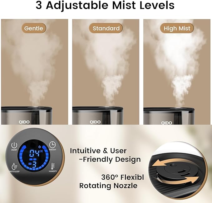 QIDO Top Fill Humidifiers for Bedroom, 5 L Cool Mist 36H Super Long Time, Quiet 28dB Essential Oil Diffuser for Baby & Plants, 3 Adjustable Mist with Touch/APP/7-color Nightlight, Auto Shut-off, Black - Image 2